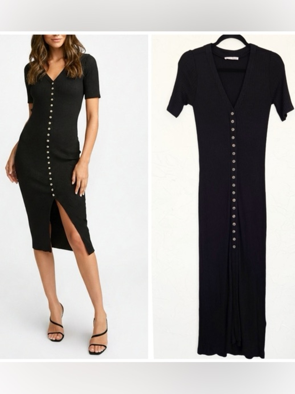 Reformation Jeans Black Ribbed Button-Front V-Neck Midi Dress